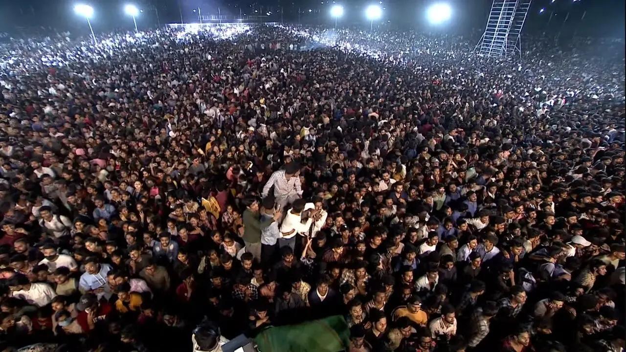A massive crowd assembled at the Malla Reddy University ground on Monday night for the pre-release event of Animal, an upcoming Hind i film by Sandeep Reddy Vanga