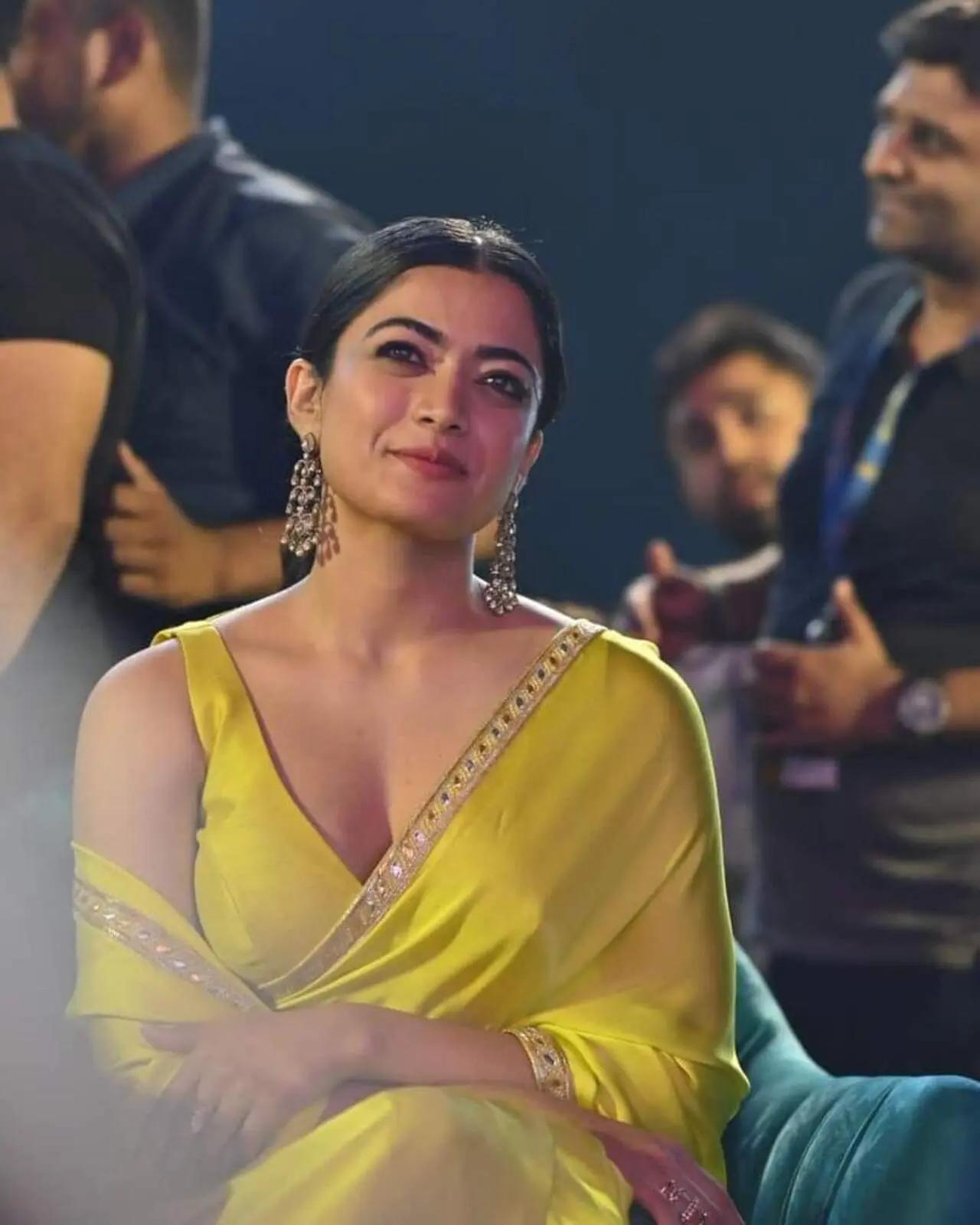 Rashmika Mandanna who plays Geetanjali in the film looked stunning in a lemon yellow saree for the event