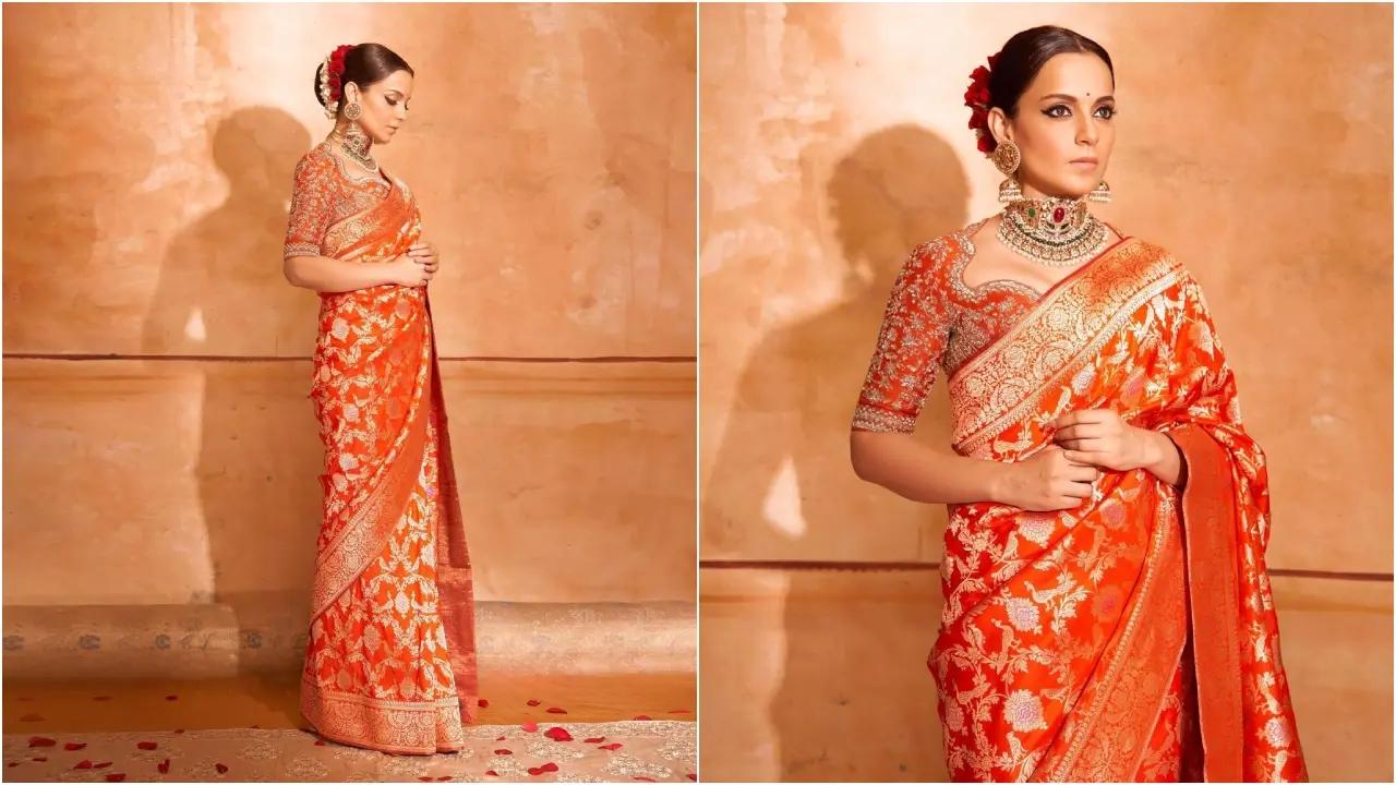 If you`re unsure about what to wear this Karva Chauth, take inspiration from Kangana Ranaut. The actress looked stunning as she donned a heavily printed orange saree with broad borders. She tied her hair in a chic bun, and intricate jewelry elevated her appearance.