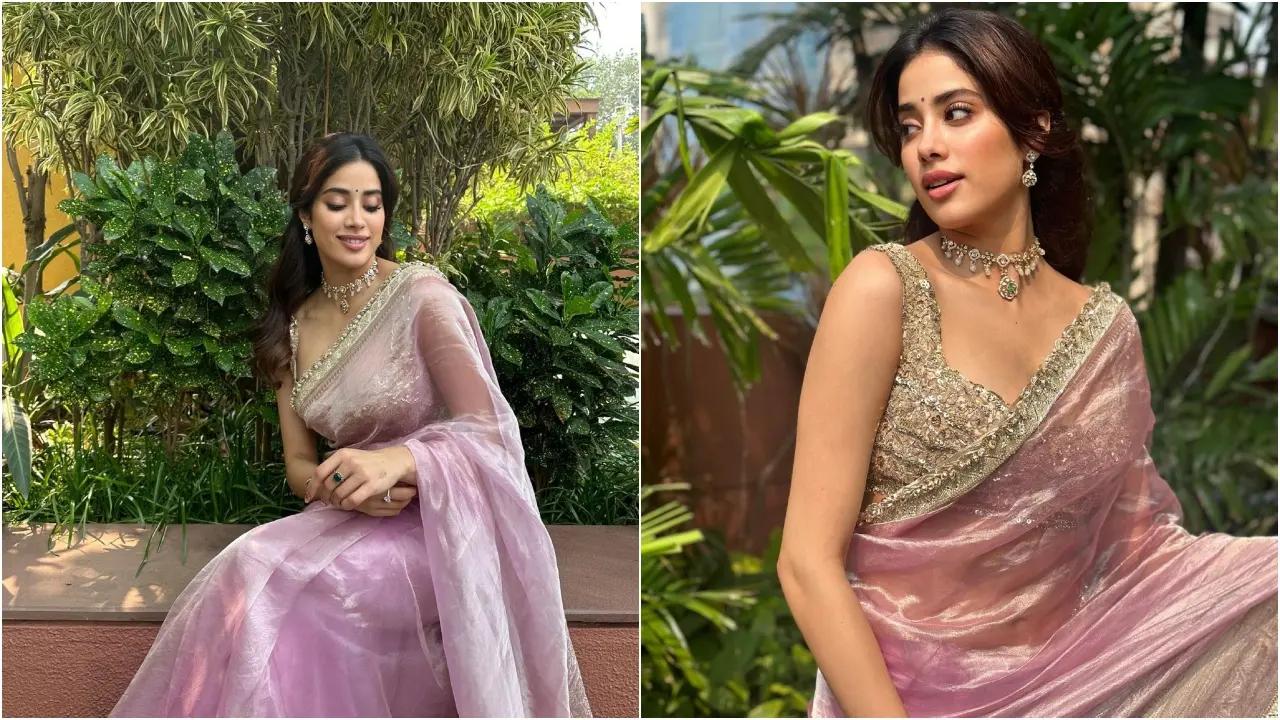 Looking for a simple yet memorable Karva Chauth celebration look? Take inspiration from Janhvi Kapoor`s purple tissue saree paired with heavily embroidered blouse