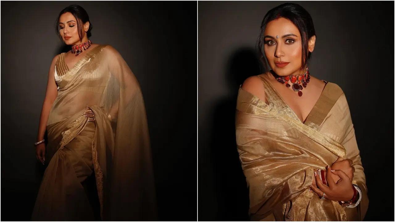 Rani Mukerji`s golden saree with a heavy border can be an ideal choice for your special day. The actress looked stunning as she opted for a contrasting necklace. The shiny and striking makeup made her look gorgeous