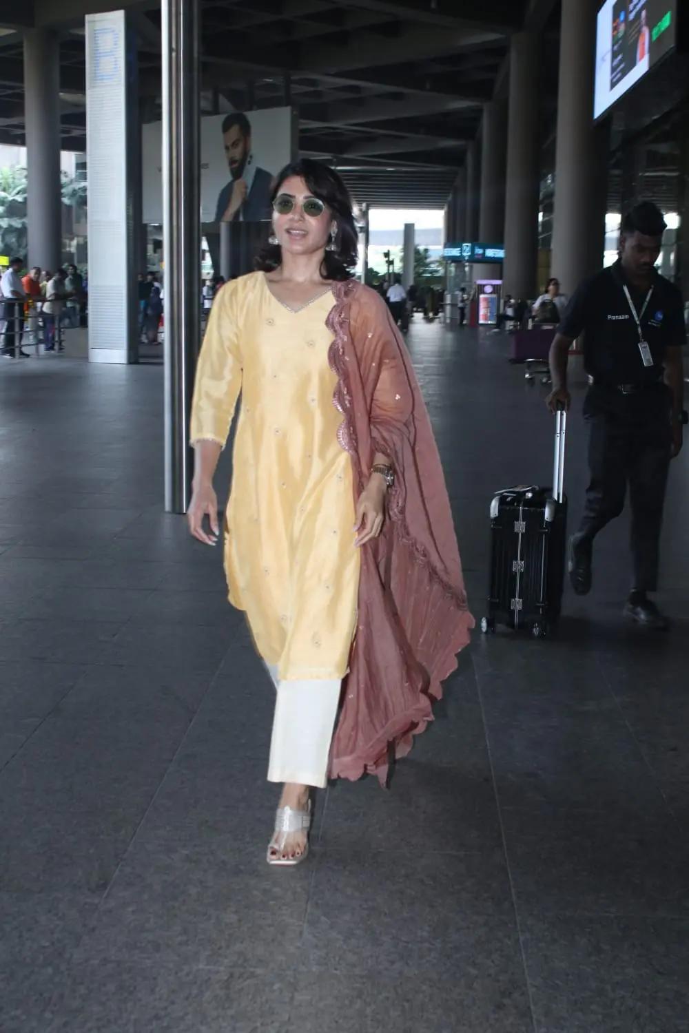 Samantha Ruth Prabhu was clicked in the city wearing a yellow kurta and white palazzo