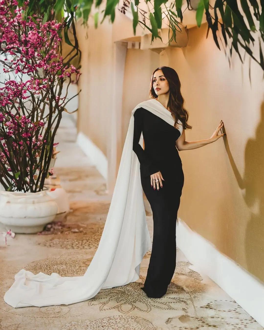In a stunning one-shoulder black and white gown, Malaika Arora embodies grace