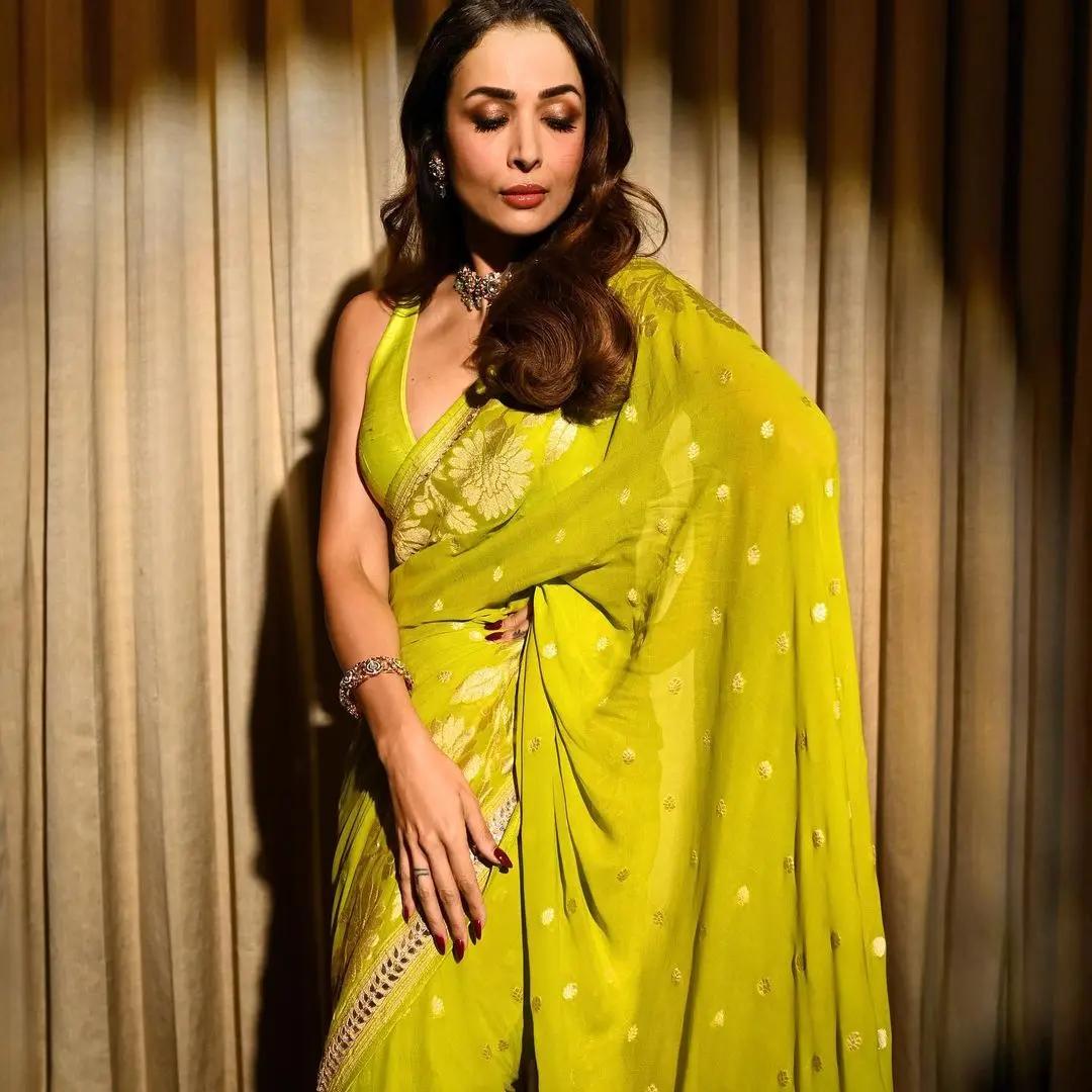 Her flawless accessories and understated makeup accentuated the saree`s charm. To complete her flawless look, she accessorised her lime green saree with stylish shoes by Aparajita Toor