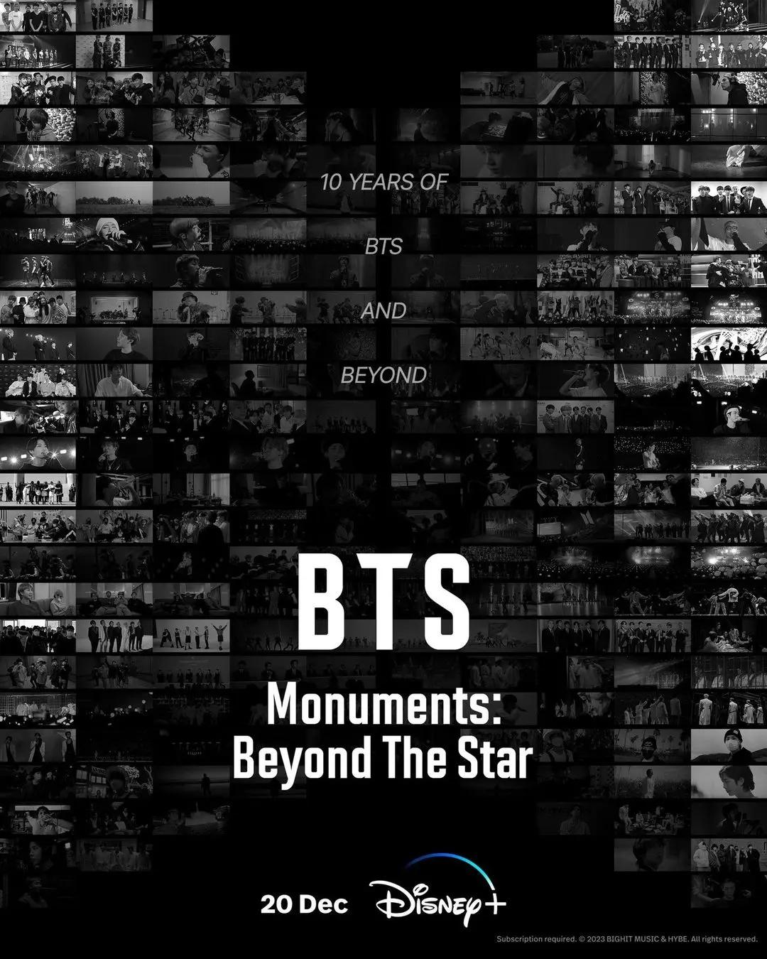 BTS Monuments: Beyond The Star (December 20) - Disney+Hotstar
Join the celebration of BTS`s 10th anniversary, capturing their journey as 21st-century pop icons. Experience their rise to stardom and beyond in this exclusive documentary streaming on Disney+Hotstar from December 20.