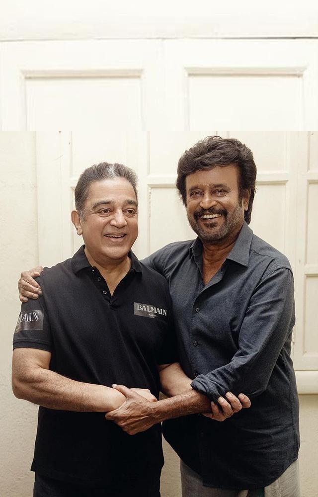 Rajini, Kamal Snapped Together An iconic reunion after 21 years  Kamal Haasan and Superstar Rajinikanth sharing a joyful together on the set.