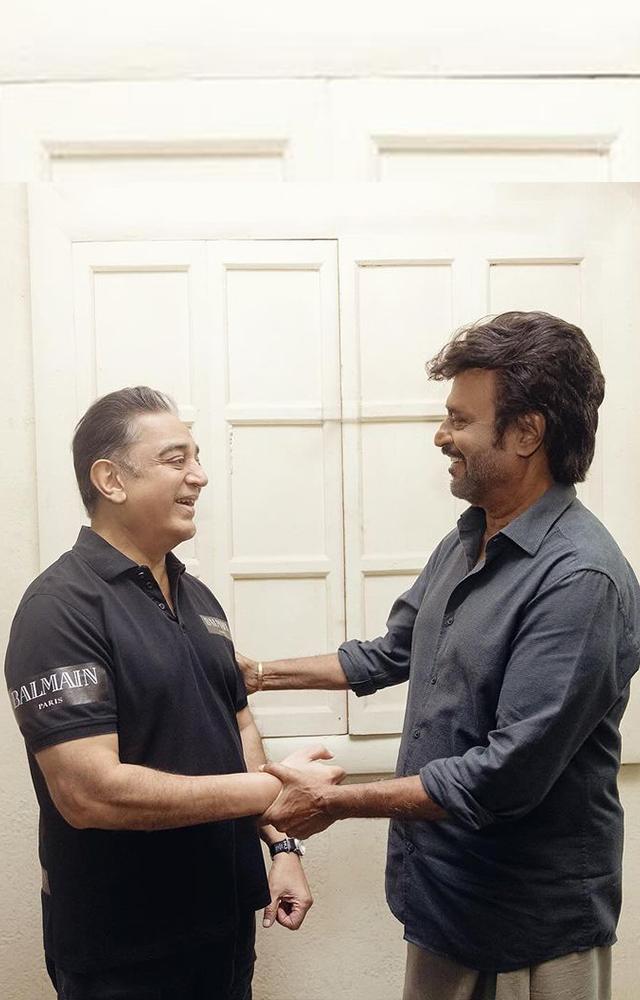 Heartwarming Reunion of legends, Rajini and Kamal share a moment on the same set , which is viral and breaking the internet