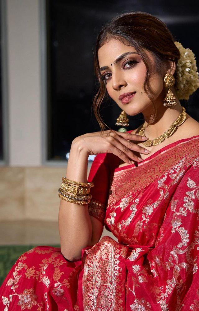 Malavika dazzled in a red Banarasi floral saree, accessorized with golden jewelry and a gajra bun, exuding timeless appeal and ethereal magic