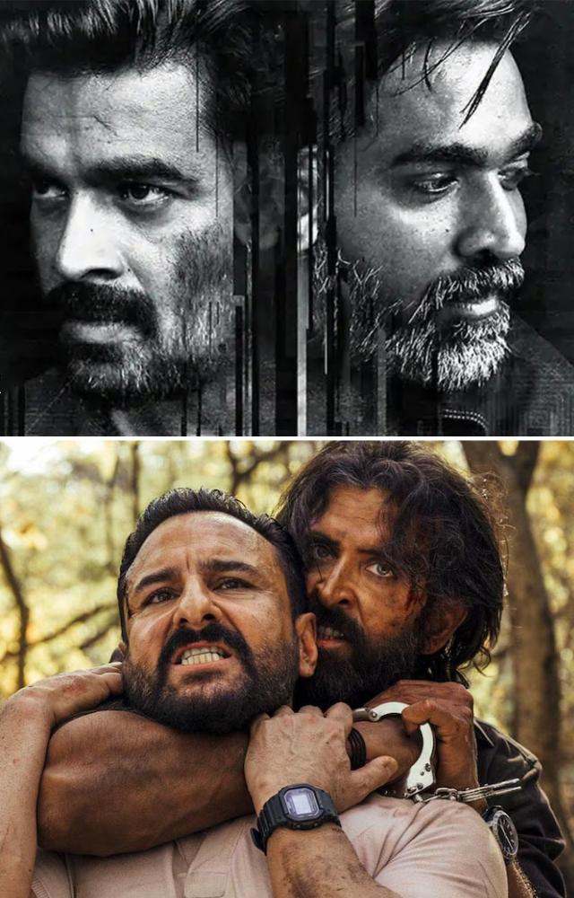 A remake of the Tamil film, the Hindi version features Saif Ali Khan and Hrithik Roshan, while the original had R. Madhavan and Vijay Sethupathi.