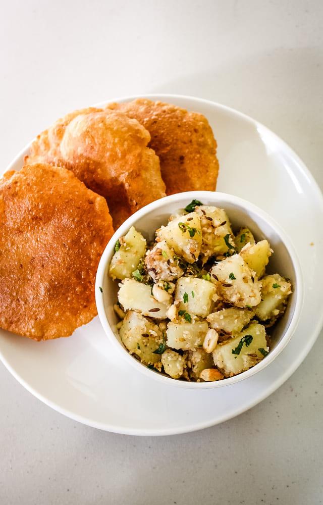 This is a classic combination that can never go wrong. Rajgira flour is commonly used during fasting and is light on the body, while Farali aloo is delicious.