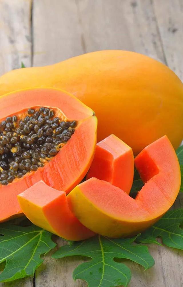 Papaya contains papain, an enzyme that helps exfoliate dead skin cells and reduce inflammation. Also a good source of vitamin A, good for skin cell turnover.