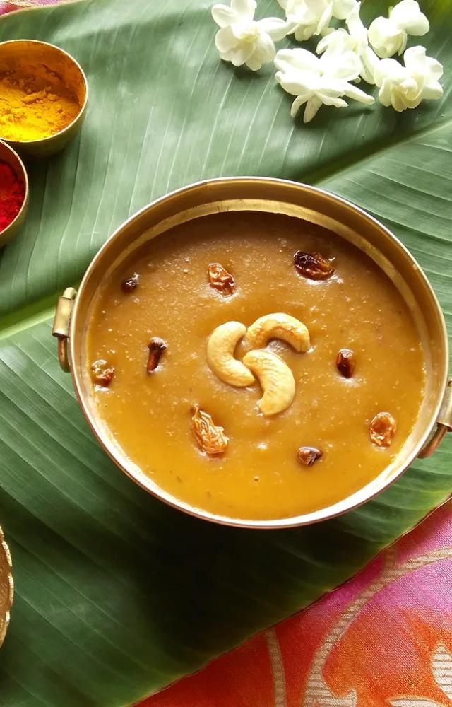 This South Indian dessert uses moong dal (mung beans), which are a good source of protein. Coconut milk and jaggery add natural sweetness and healthy fats.