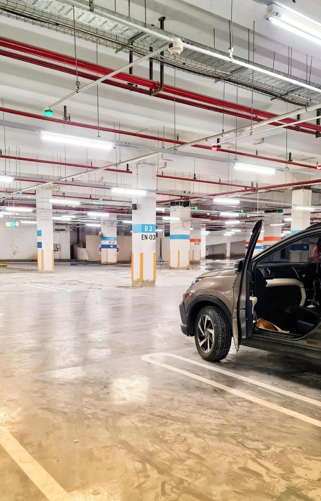Thick surround materials of concrete/steel act as a layer between you and the outside. Head to at least two or more underground levels to protect yourself.