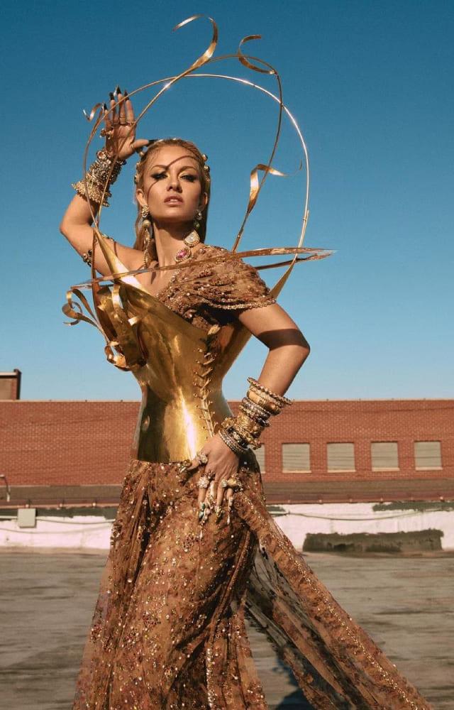 The Indian businesswoman and philanthropist has raised the bar for Indian fashion as she wore a golden Sabyasachi saree with a Schiaparelli bustier.
