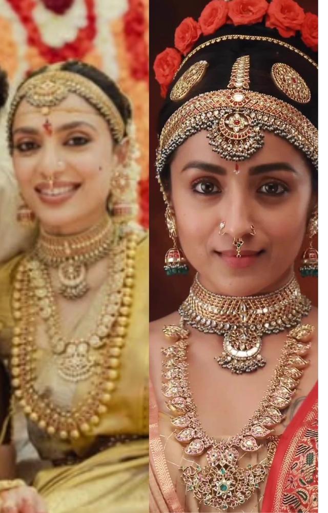 Both feature traditional South Indian jewelry, including items like the matha patti and vanki