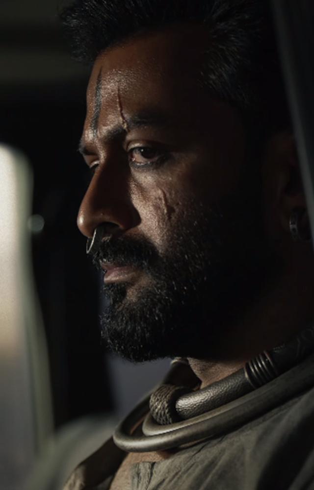 Vardharaja Mannar crazy rugged looks Prithviraj wore a black outfit with a shawl around his neck and he had a black tika on his forehead and wore a nose ring