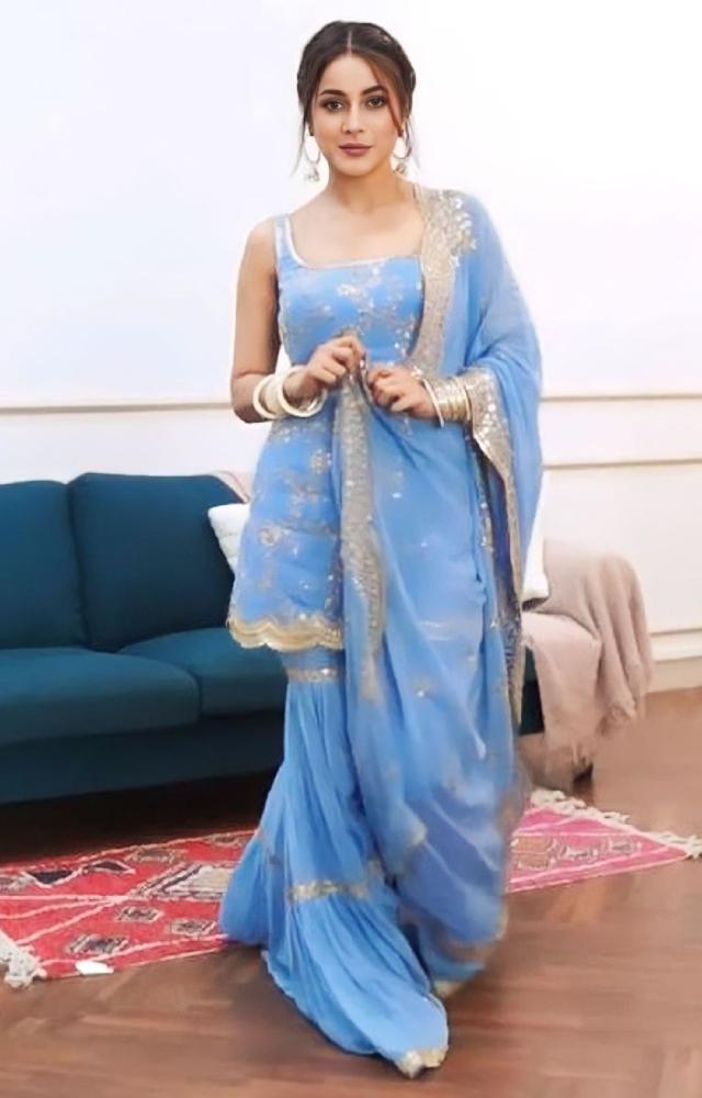 Are you looking for the perfect Lohri suit that incorporates contemporary fashion? Take notes from Shehnaaz Gill`s powder blue suit.