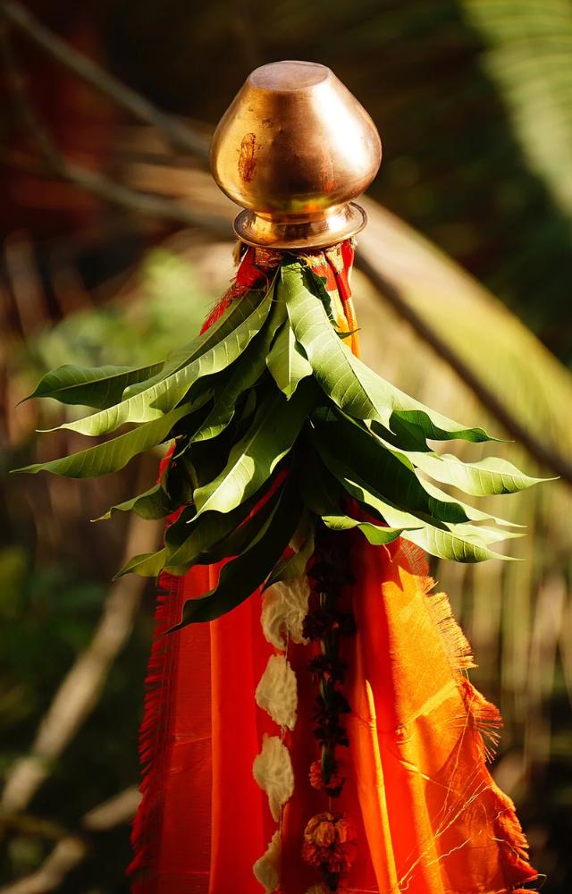 A bamboo stick, cloth, mango and neem leaves, and a garland of red flowers are needed for making a Gudi.