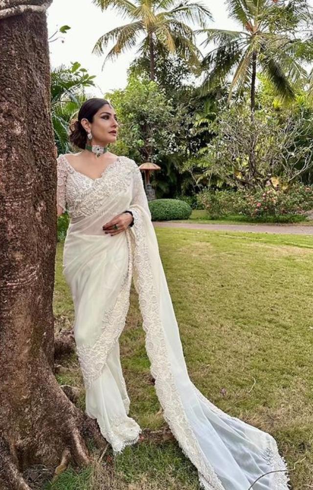 Raveena Tandon strikes poses for a photoshoot, exuding elegance and confidence, creating an enchanting visual symphony.