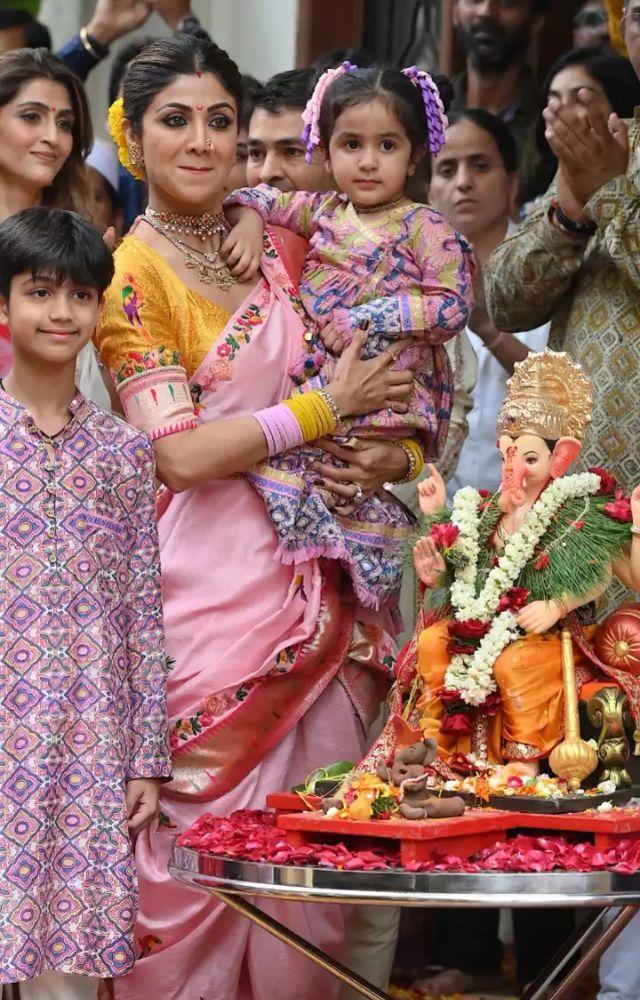Shilpa Shetty is known for her vibrant and eco-friendly Ganesh Chaturthi celebrations, where she invites friends and family for traditional rituals.