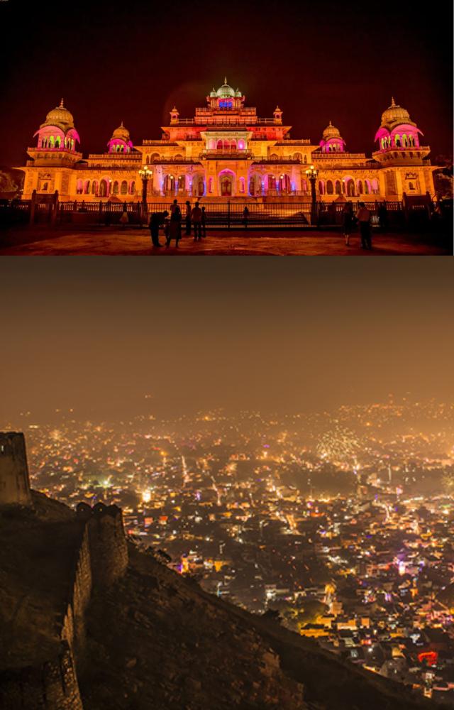 Jaipur’s markets and monuments dazzle with vibrant lights and decorations during Diwali.