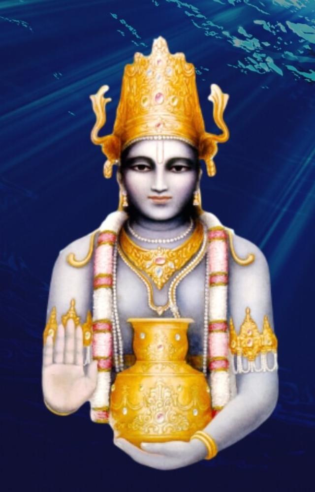 Devotees honor Lord Dhanvantri on Dhanteras, seeking health and prosperity.