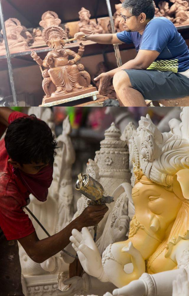 Skilled artisans shape the clay into the form of Lord Ganesh, meticulously crafting his trunk, ears, and limbs.
