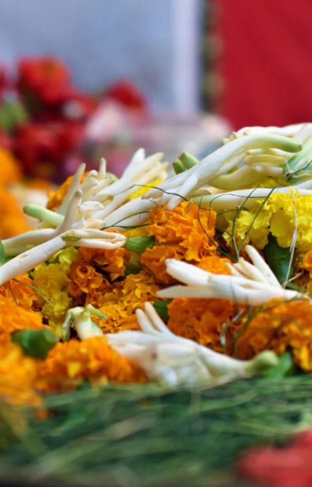 Fresh flowers and Durva (a type of grass) are offered to Lord Ganesha as they are considered highly auspicious.
