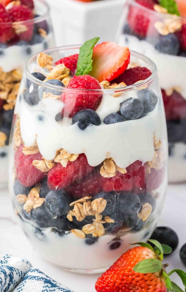 Layered with yogurt, granola, and fruits, this parfait is a protein-rich delight.