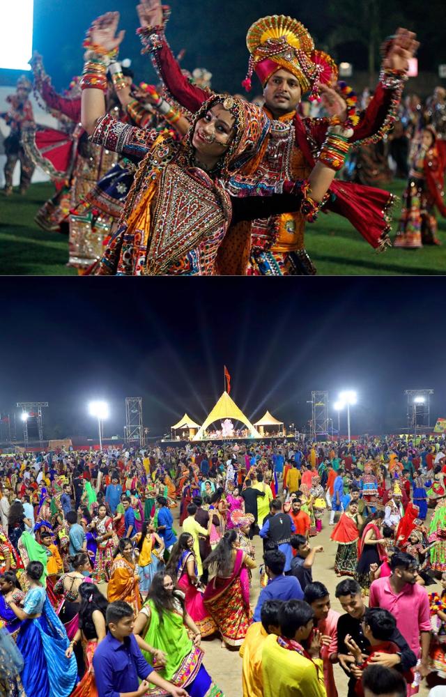 Experience vibrant Garba and Dandiya nights with colorful outfits and energetic dances across Gujarat.