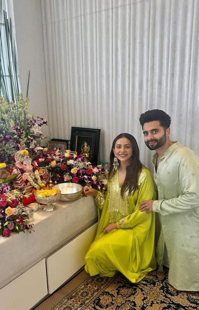 Rakul Preet and Jackky Bhagnani share their vibrant Ganpati celebration on Instagram, showcasing colorful decorations and festive cheer.
