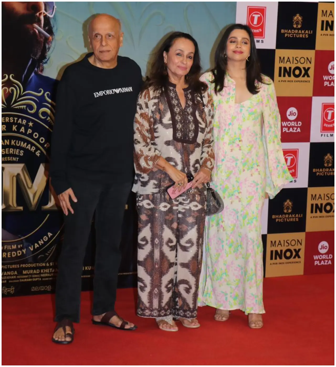Mahesh Bhatt with wife Soni Razdan and daughter Shaheen Bhatt at the Animal premiere