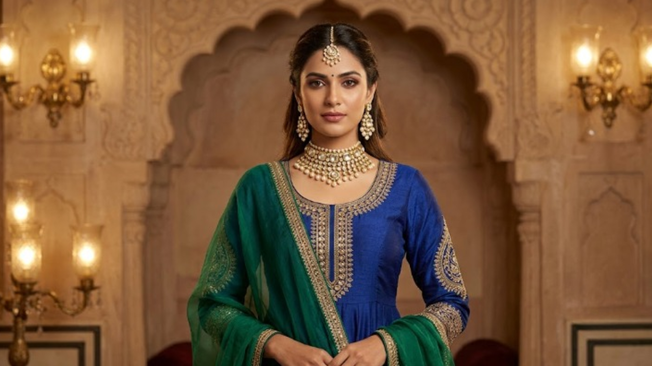 Kundan jewellery with a royal Anarkali or Lehenga