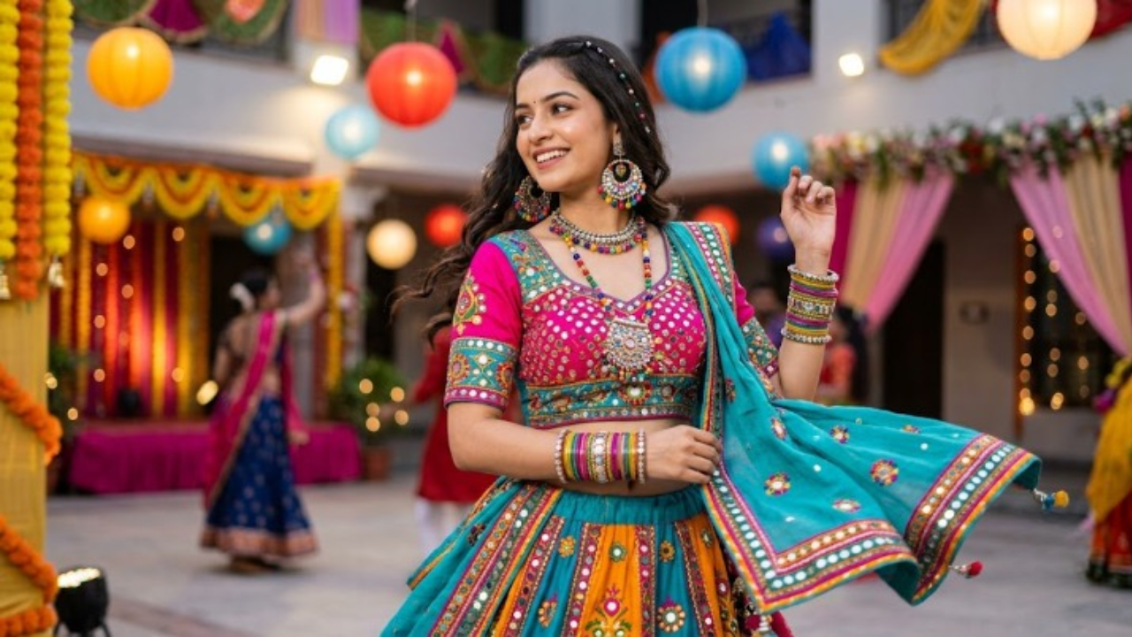 Mirror-work jewellery with a vibrant Navratri outfit
