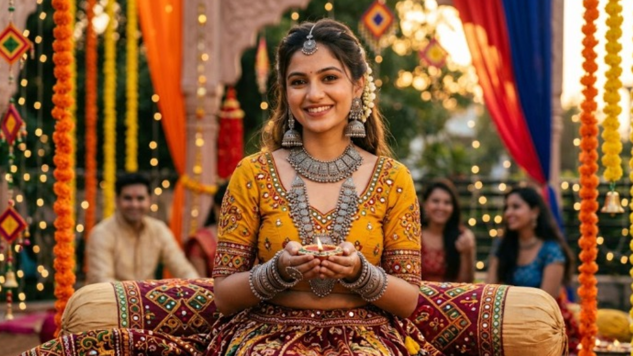 Oxidised silver jewellery with a colourful chaniya-choli
