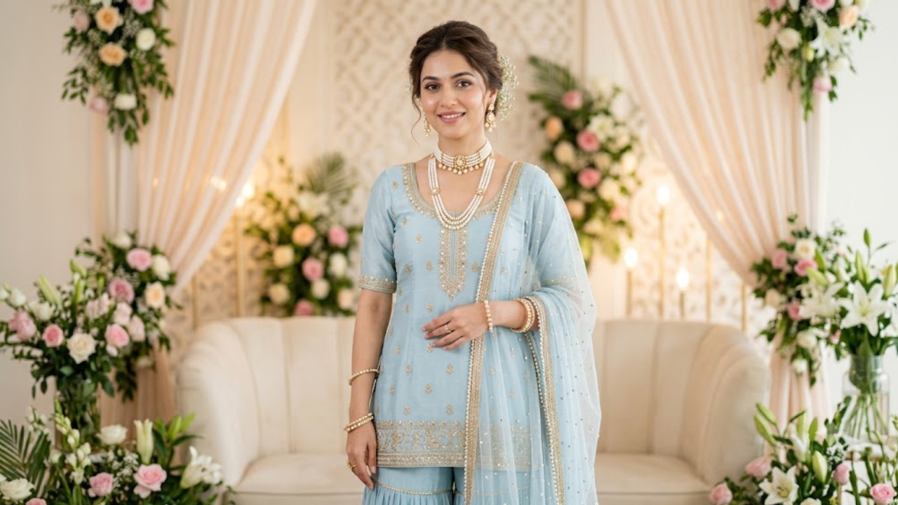 Pearl jewellery with an elegant sharara or anarkali