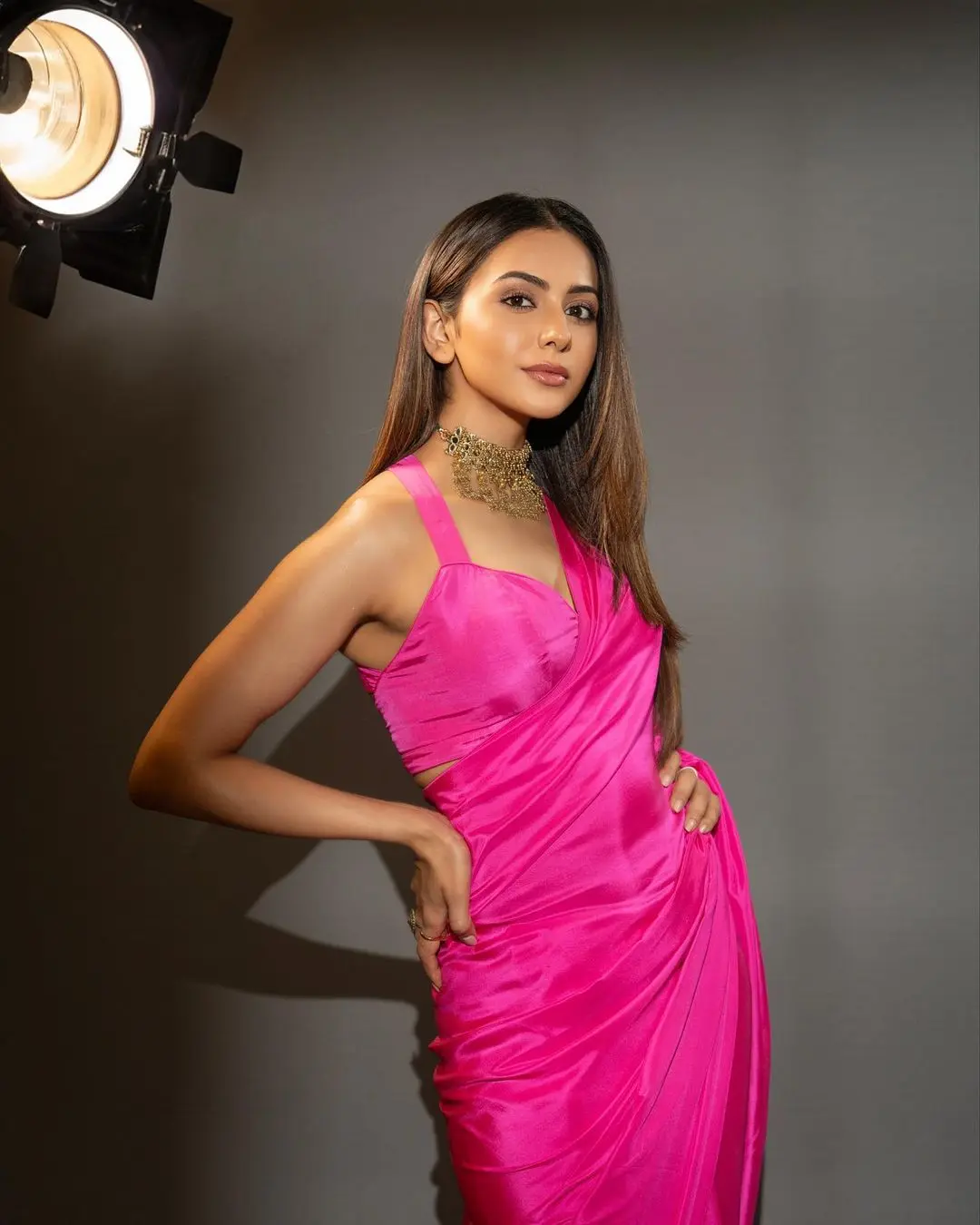 Rakul Preet Singh turned heads and became the center of attention with her eye-catching pink saree that gave off a vibe reminiscent of a modern-day Barbie.