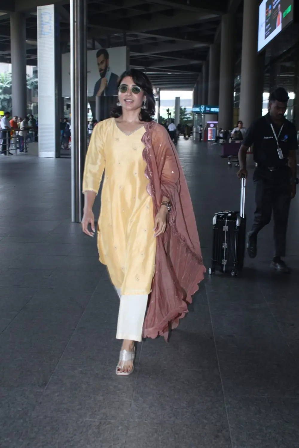 Samantha Ruth Prabhu was clicked in the city wearing a yellow kurta and white palazzo 