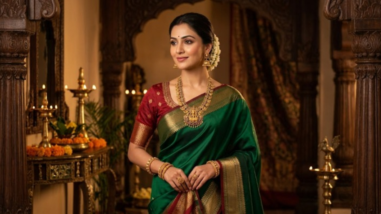 Temple jewellery with a silk lehenga or traditional saree