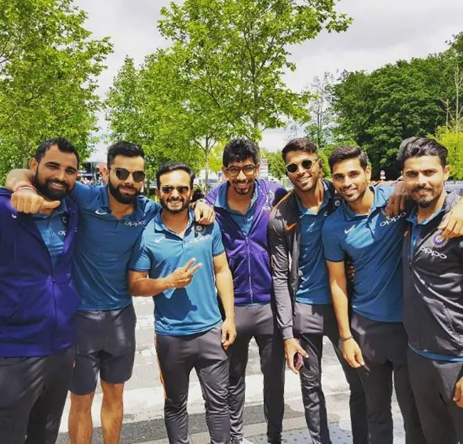 In picture: Virat Kohli with Mohammed Shami, Kedar Jadhav, Jasprit Bumrah, Hardik Pandya, Bhuvneshwar Kumar and Ravindra Jadeja in Birmingham
