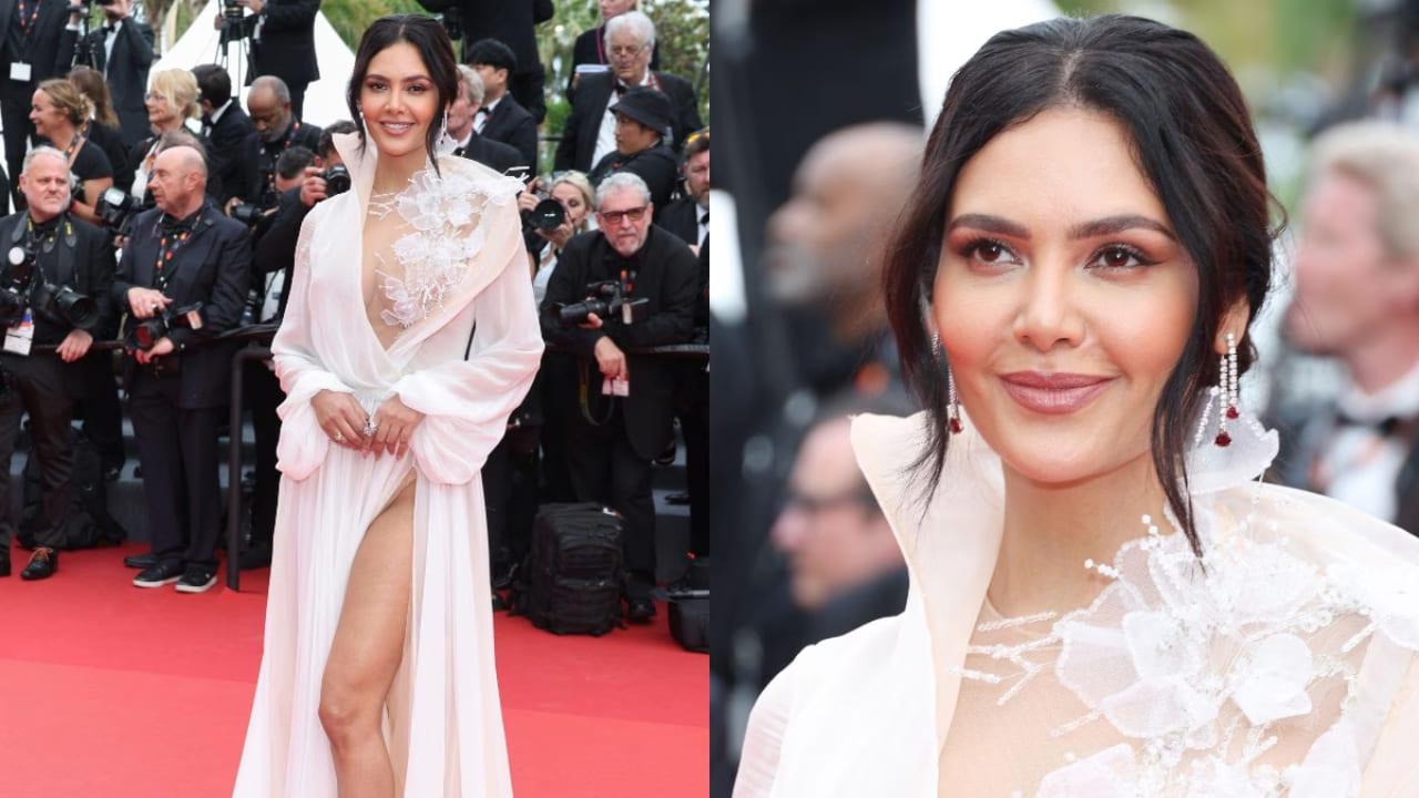 Cannes 2023: Esha Gupta Looks A Vision In White In Nicholas Jebran`s Custom Made High-Slit Gown