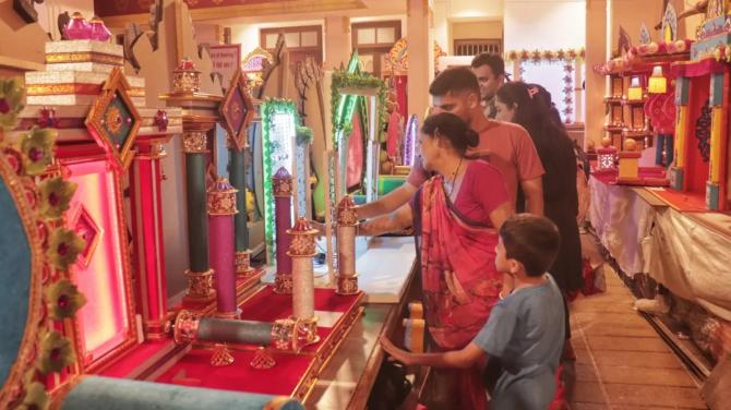 One of the main attractions during the celebration is the decor, particularly the "makar" in which the idol is put. Outside of the train station, in Dadar market, shoppers can discover vivid home decor items. For the past 27 years, the`makar` maker Hardev Arts has been meeting the needs of its clients in an environmentally sustainable way. Image Credit: Amogh Golatkar