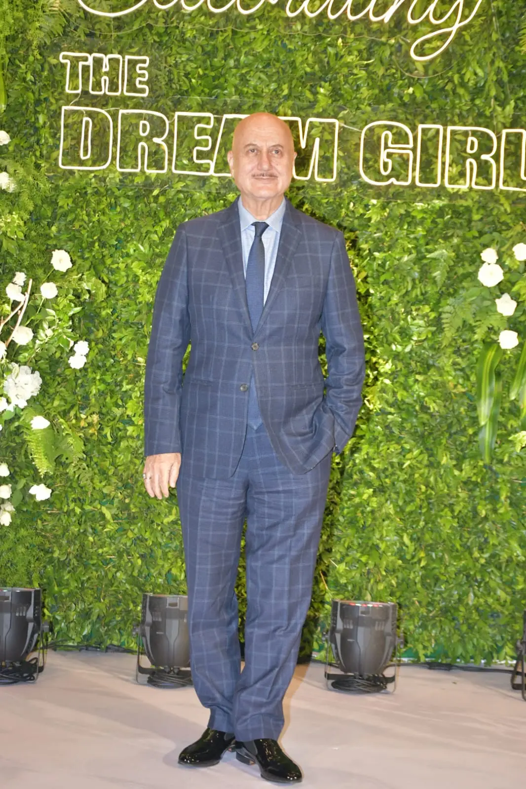 Anupam Kher chose a sharp blue suit to wear at Hema Malini`s birthday bash