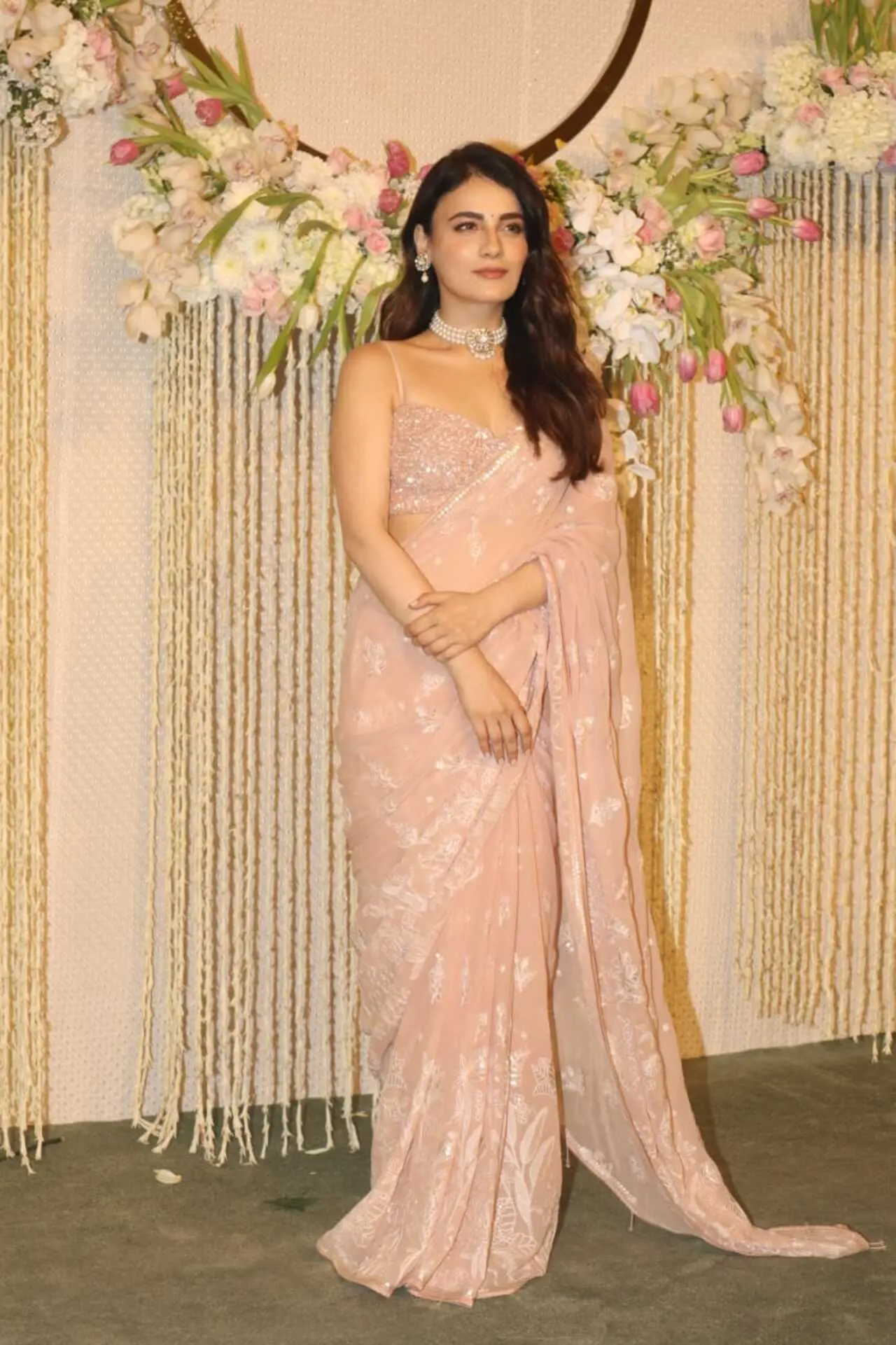 Radhika Madan also opted for a pastel saree like her `Sajini Shinde Ka Viral Video` co-star Nimrat Kaur. She completed the look with a diamond choker necklace