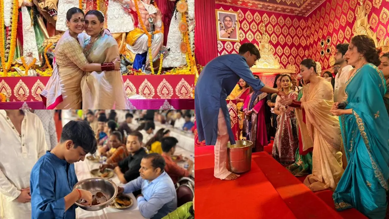 Kajol`s son Yug serves bhog on Navami, actress poses with Rani Kajol`s son Yug serves bhog on Navami, actress poses with Rani