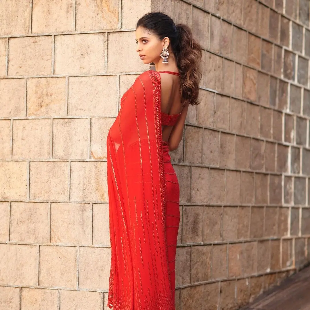 Completing the look, a traditional red bindi and elegant earrings add a touch of tradition.