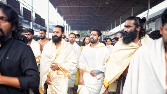 Jr NTR and Rishab Shetty`s Temple Visit Goes Viral: Matching Traditional Attire Steals the Spotlight