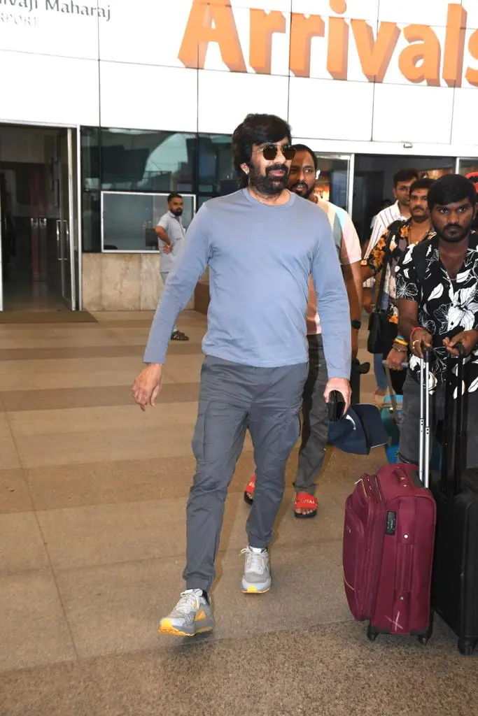 Ravi Teja was snapped at airport arrival as he came to attend the trailer launch event of `Tiger Nageswara Rao`