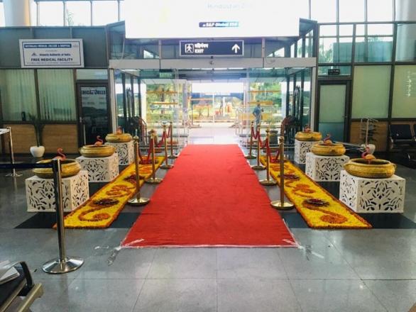 The Udaipur airport has been decorated to greet the newlyweds and their guests, in addition to the magnificent arrangements the Leela Palace has made for the couple`s special day