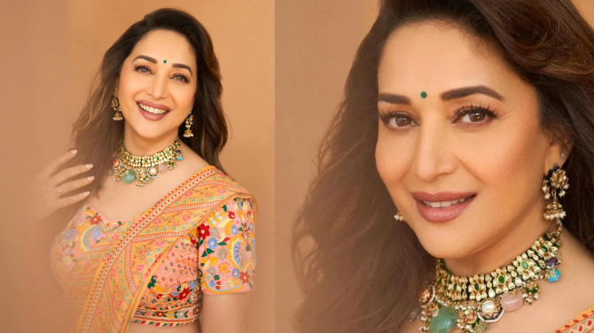 Madhuri Dixit in yellow and orange traditional lehenga
